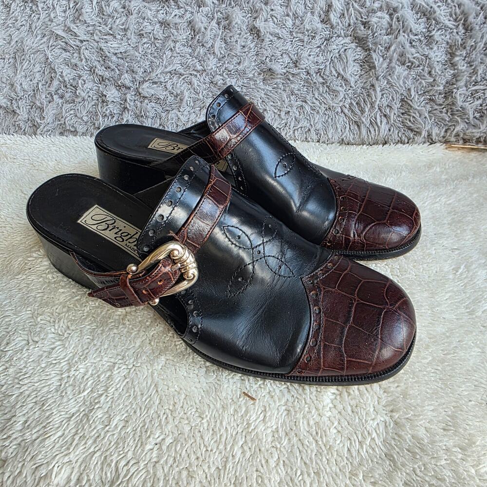 Vintage Brighton Women's Two Tone‎ Leather Comfort Heeled Mules Size 7.5M Black